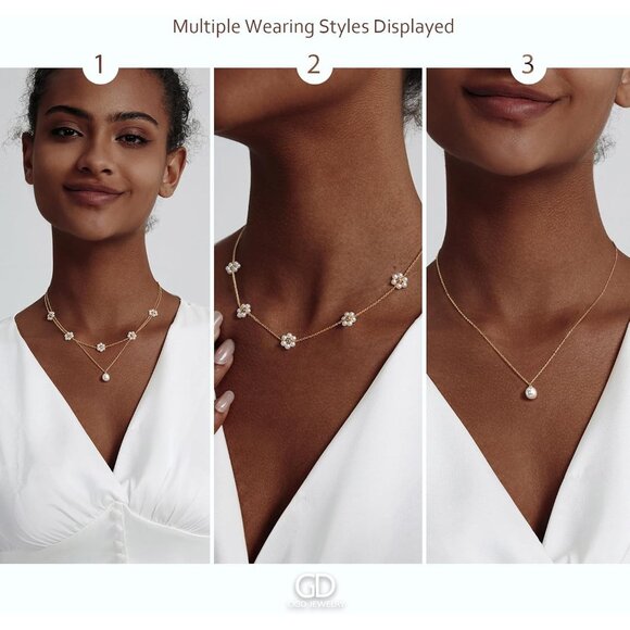 Gold Pearl Necklaces Set 14K Gold Plated Dainty Layered Pearl Trendy Jewelry - Picture 6 of 7